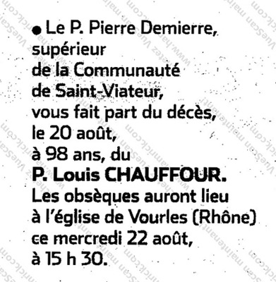 Rappel à Dieu du Père Louis Chauffour, c.s.v.