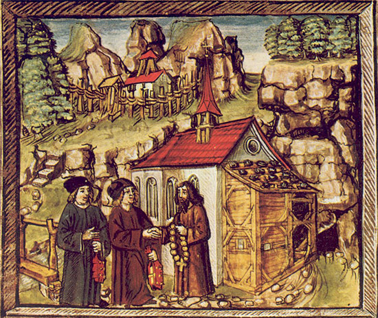 Rencontre du prêtre Heini et de Nicolas de Flüe, lors des événements de la Diète de Stans en 1481, Illustration de la Chronique Lucernoise Officielle (1513)