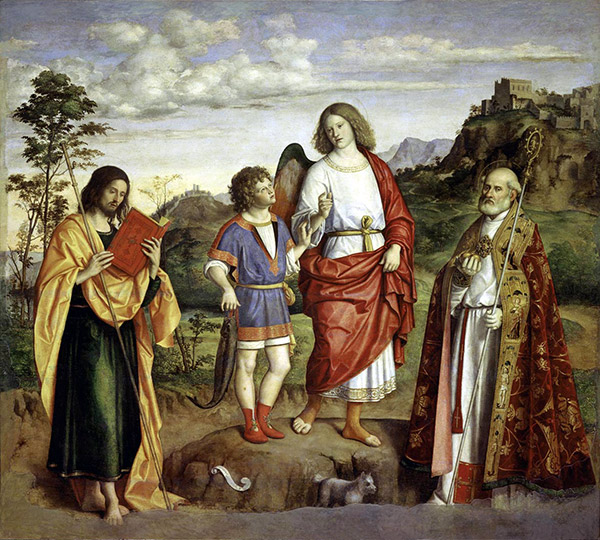 Cima da Conegliano (1459-1517), L’Archange Raphaël et Tobie entre St Jacques le Majeur et St Nicolas de Bari