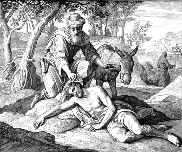 Le bon Samaritain, par Julius Schnorr von Carosfeld (1851-60) - gravure extraite de 'La Bible en images'